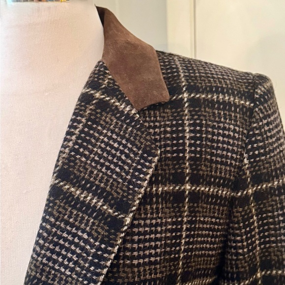 Plaid Blazer Leather Suede Collar Medium Wool blend Academia Preppy - Picture 8 of 11